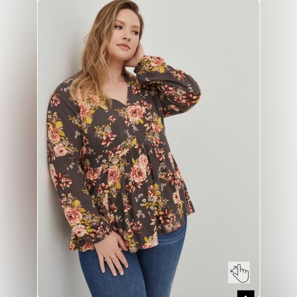 Floral v-neck Long Sleeve Babydoll Top blouse flowy boho roses size 3 22/24 NWOT